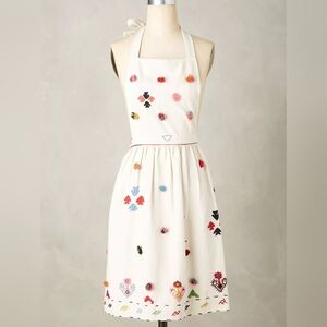 Anthropologie Cream Apron with Colorful Puff Embroidery